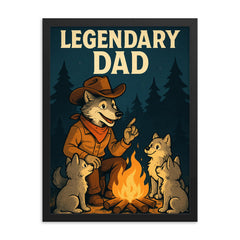Quote 'legendary dad' Wolf dressed as a cowboy teaching pups around a campfire Funny father's day Poster framed print on a plain backdrop in size 18"x24".