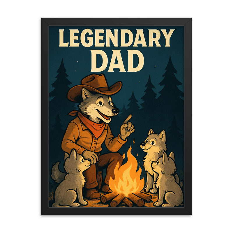 Quote 'legendary dad' Wolf dressed as a cowboy teaching pups around a campfire Funny father's day Poster framed print on a plain backdrop in size 18