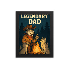 Quote 'legendary dad' Wolf dressed as a cowboy teaching pups around a campfire Funny father's day Poster framed print on a plain backdrop in size 8"x10".