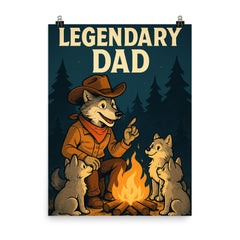 Quote 'legendary dad' Wolf dressed as a cowboy teaching pups around a campfire Funny father's day Poster poster on a plain backdrop in size 8"x10".