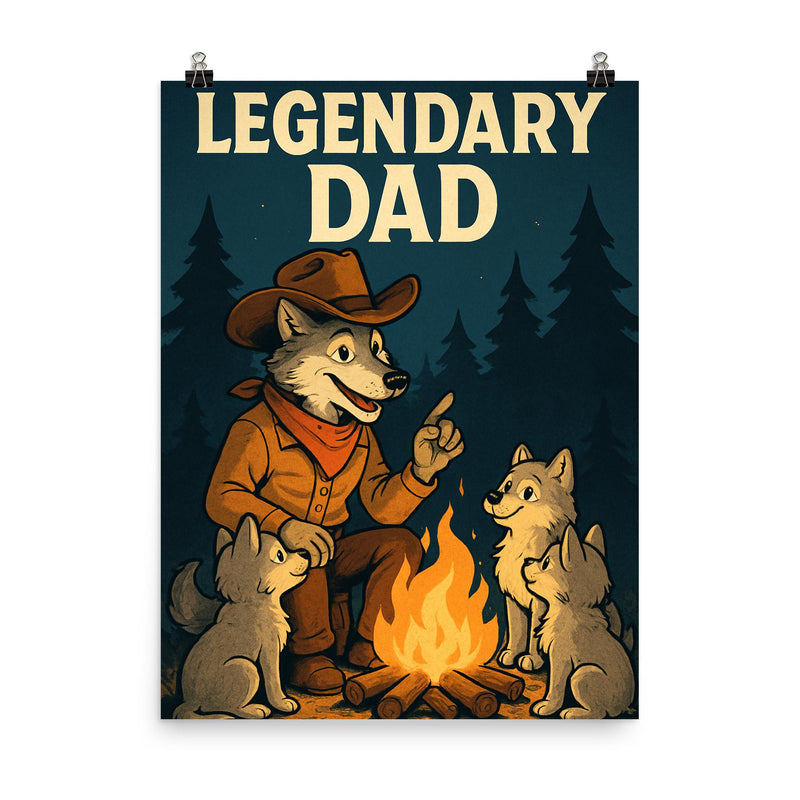 Quote 'legendary dad' Wolf dressed as a cowboy teaching pups around a campfire Funny father's day Poster poster on a plain backdrop in size 8