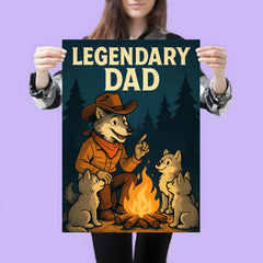 Quote 'legendary dad' Wolf dressed as a cowboy teaching pups around a campfire Funny father's day Poster poster 3