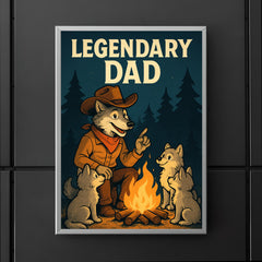 Quote 'legendary dad' Wolf dressed as a cowboy teaching pups around a campfire Funny father's day Poster poster 5