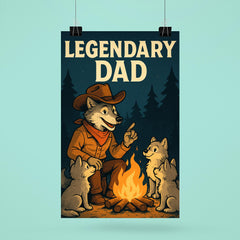 Quote 'legendary dad' Wolf dressed as a cowboy teaching pups around a campfire Funny father's day Poster poster 6