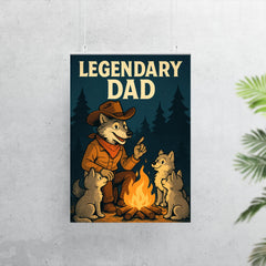 Quote 'legendary dad' Wolf dressed as a cowboy teaching pups around a campfire Funny father's day Poster poster 7
