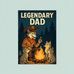 Quote 'legendary dad' Wolf dressed as a cowboy teaching pups around a campfire Funny father's day Poster poster 8