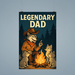 Quote 'legendary dad' Wolf dressed as a cowboy teaching pups around a campfire Funny father's day Poster poster 9