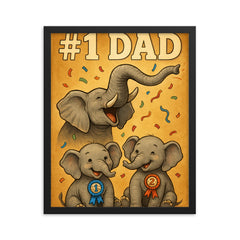 Quote 'number one dad' Elephant trumpeting celebration while baby elephants win ribbons Funny father's day Poster framed print on a plain backdrop in size 16"x20".