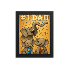 Quote 'number one dad' Elephant trumpeting celebration while baby elephants win ribbons Funny father's day Poster framed print on a plain backdrop in size 8"x10".