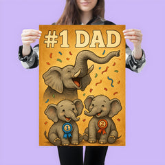 Quote 'number one dad' Elephant trumpeting celebration while baby elephants win ribbons Funny father's day Poster poster 3