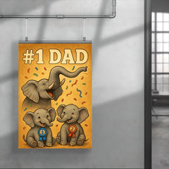 Quote 'number one dad' Elephant trumpeting celebration while baby elephants win ribbons Funny father's day Poster poster 4