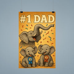 Quote 'number one dad' Elephant trumpeting celebration while baby elephants win ribbons Funny father's day Poster poster 9