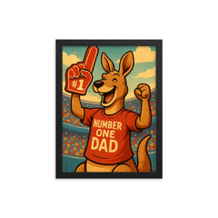 Quote 'number one dad' Kangaroo with a foam finger while cheering at a sports game Funny father's day Poster framed print on a plain backdrop in size 12"x16".