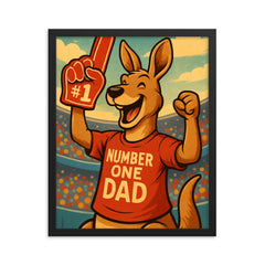 Quote 'number one dad' Kangaroo with a foam finger while cheering at a sports game Funny father's day Poster framed print on a plain backdrop in size 16"x20".