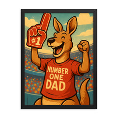 Quote 'number one dad' Kangaroo with a foam finger while cheering at a sports game Funny father's day Poster framed print on a plain backdrop in size 18"x24".
