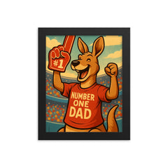 Quote 'number one dad' Kangaroo with a foam finger while cheering at a sports game Funny father's day Poster framed print on a plain backdrop in size 8"x10".