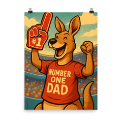 Quote 'number one dad' Kangaroo with a foam finger while cheering at a sports game Funny father's day Poster poster on a plain backdrop in size 8"x10".