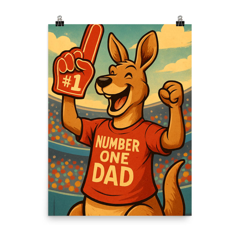 Quote 'number one dad' Kangaroo with a foam finger while cheering at a sports game Funny father's day Poster poster on a plain backdrop in size 8