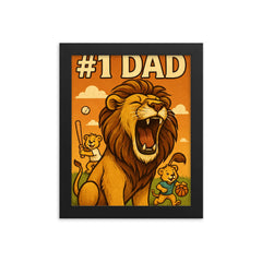 Quote 'number one dad' Lion roaring proudly while cubs play sports in background Funny father's day Poster framed print on a plain backdrop in size 8"x10".