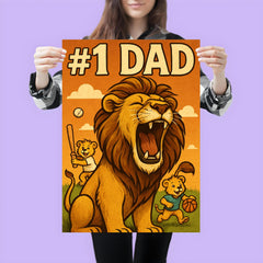 Quote 'number one dad' Lion roaring proudly while cubs play sports in background Funny father's day Poster poster 3