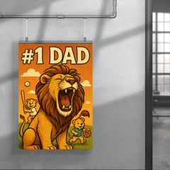 Quote 'number one dad' Lion roaring proudly while cubs play sports in background Funny father's day Poster poster 4