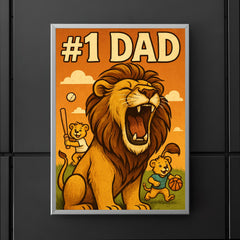 Quote 'number one dad' Lion roaring proudly while cubs play sports in background Funny father's day Poster poster 5