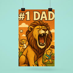 Quote 'number one dad' Lion roaring proudly while cubs play sports in background Funny father's day Poster poster 6