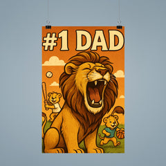 Quote 'number one dad' Lion roaring proudly while cubs play sports in background Funny father's day Poster poster 9
