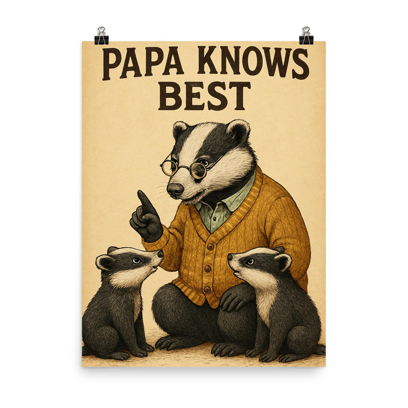 Quote 'papa knows best' Elderly badger in cardigan teaching young badgers life skills Funny father's day Poster poster on a plain backdrop in size 8