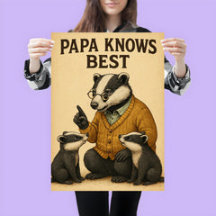 Quote 'papa knows best' Elderly badger in cardigan teaching young badgers life skills Funny father's day Poster poster 3