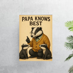 Quote 'papa knows best' Elderly badger in cardigan teaching young badgers life skills Funny father's day Poster poster 7