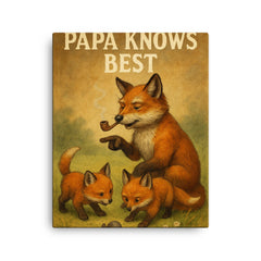 Quote 'papa knows best' Grandpa fox with pipe showing baby foxes how to hunt Funny father's day Poster canvas print on a plain backdrop in size 16"x20".