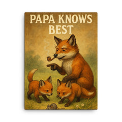 Quote 'papa knows best' Grandpa fox with pipe showing baby foxes how to hunt Funny father's day Poster canvas print on a plain backdrop in size 18"x24".