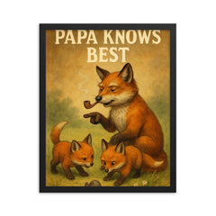Quote 'papa knows best' Grandpa fox with pipe showing baby foxes how to hunt Funny father's day Poster framed print on a plain backdrop in size 16"x20".