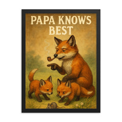 Quote 'papa knows best' Grandpa fox with pipe showing baby foxes how to hunt Funny father's day Poster framed print on a plain backdrop in size 18"x24".