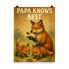 Quote 'papa knows best' Grandpa fox with pipe showing baby foxes how to hunt Funny father's day Poster poster on a plain backdrop in size 8"x10".