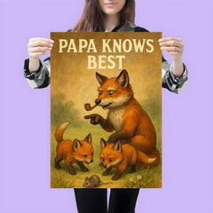 Quote 'papa knows best' Grandpa fox with pipe showing baby foxes how to hunt Funny father's day Poster poster 3