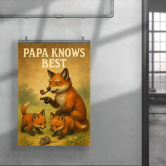 Quote 'papa knows best' Grandpa fox with pipe showing baby foxes how to hunt Funny father's day Poster poster 4