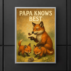 Quote 'papa knows best' Grandpa fox with pipe showing baby foxes how to hunt Funny father's day Poster poster 5