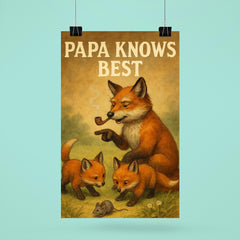 Quote 'papa knows best' Grandpa fox with pipe showing baby foxes how to hunt Funny father's day Poster poster 6