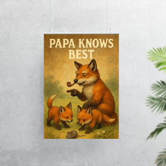 Quote 'papa knows best' Grandpa fox with pipe showing baby foxes how to hunt Funny father's day Poster poster 7