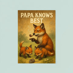 Quote 'papa knows best' Grandpa fox with pipe showing baby foxes how to hunt Funny father's day Poster poster 8