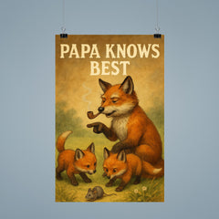 Quote 'papa knows best' Grandpa fox with pipe showing baby foxes how to hunt Funny father's day Poster poster 9