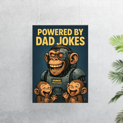 Quote 'powered by dad jokes' Cyborg monkey with humor processors making baby monkeys giggle Funny father's day Poster poster 7