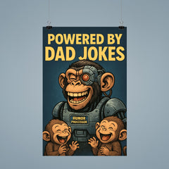Quote 'powered by dad jokes' Cyborg monkey with humor processors making baby monkeys giggle Funny father's day Poster poster 9