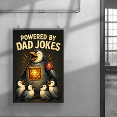 Quote 'powered by dad jokes' Mechanical penguin with comedy circuits lighting up while baby penguins laugh Funny father's day Poster poster 4