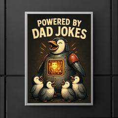Quote 'powered by dad jokes' Mechanical penguin with comedy circuits lighting up while baby penguins laugh Funny father's day Poster poster 5