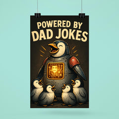 Quote 'powered by dad jokes' Mechanical penguin with comedy circuits lighting up while baby penguins laugh Funny father's day Poster poster 6