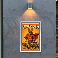 Quote 'super dad' German Shepherd in superhero costume walking puppies on leashes no copyrighted logos Funny father's day Poster poster 2