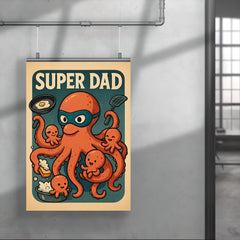 Quote 'super dad' Octopus wearing a mask while simultaneously cooking cleaning and playing with baby octopi Funny father's day Poster poster 4